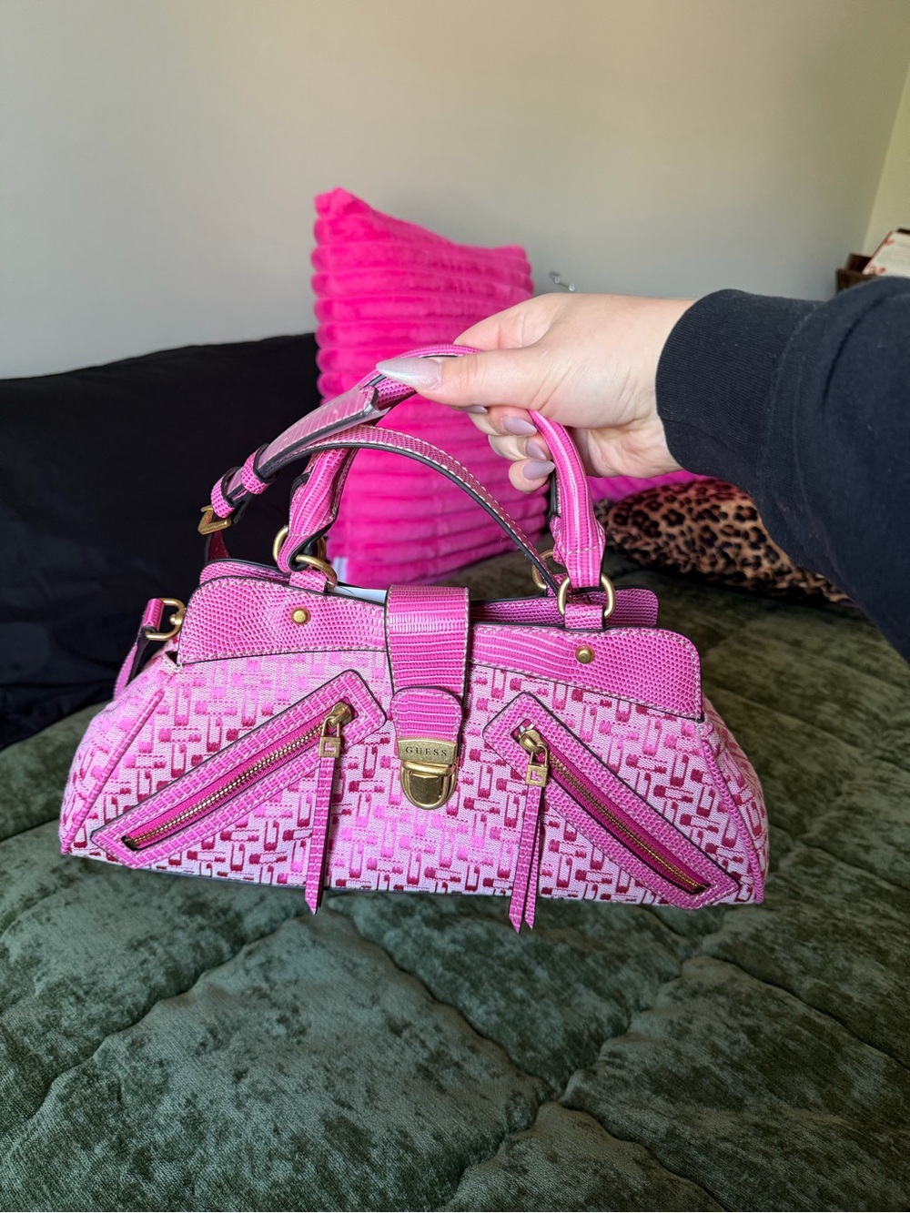 GUESS Pink Patterned Satchel with Gold Hardware
